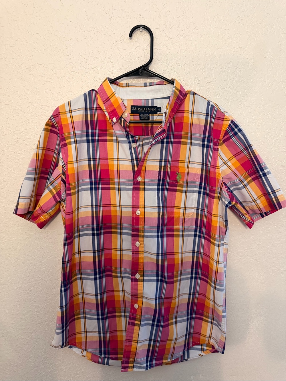 U.S. Polo Assn. Short Sleeve Plaid Button-Down Shirt - Pink, Yellow, Blue